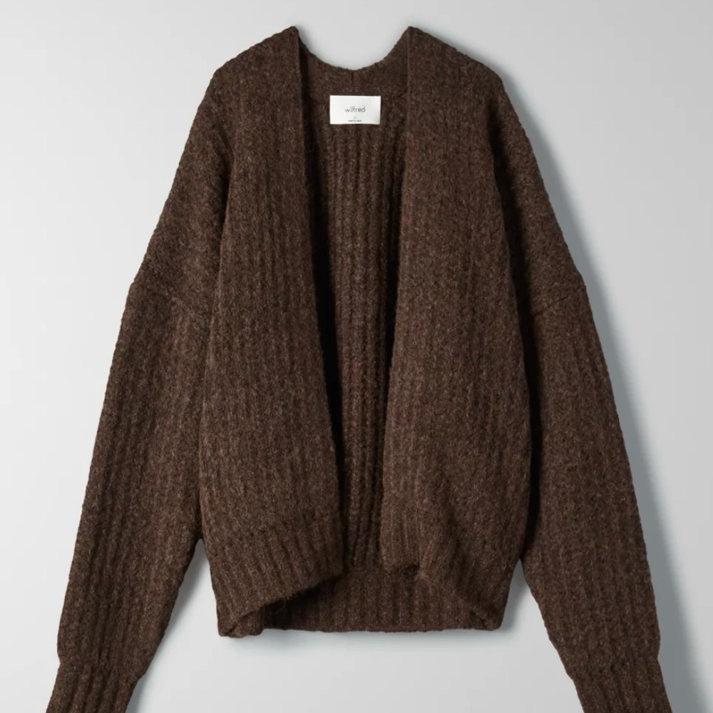 Aritzia Wilfred Brown Open-Front Ribbed Knit Cardigan